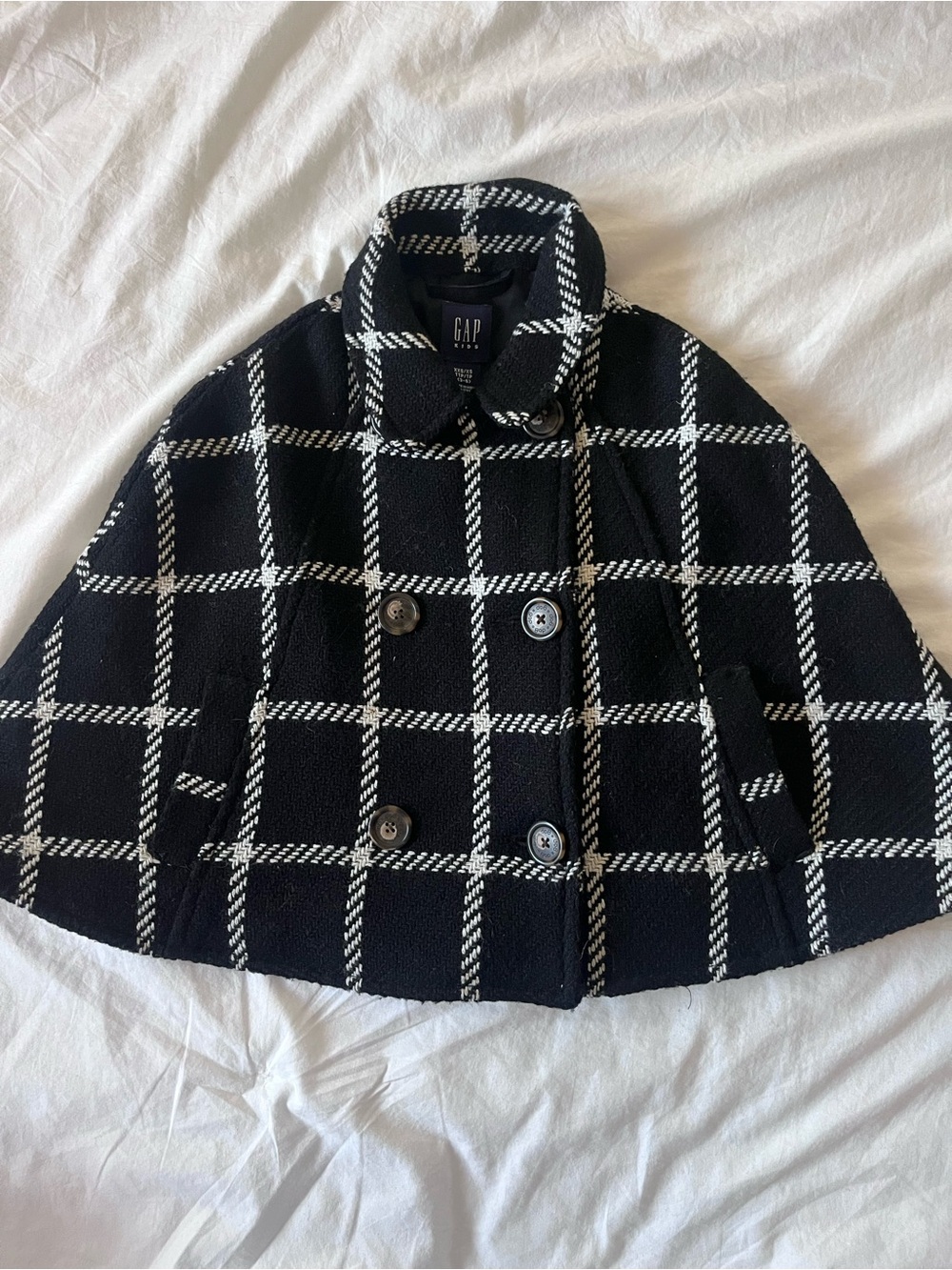 Gap Kids Wool Blend Plaid Cape Poncho Coat Jacket Black White 4T 3T 5T Vintage